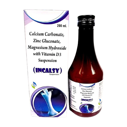 Product Name: INCALSY, Compositions of INCALSY are Calcium Carbonate, Zinc Gluconate, Magnesium Hydroxide With Vitamin D3 Suspension - Insta Care Lifesciences