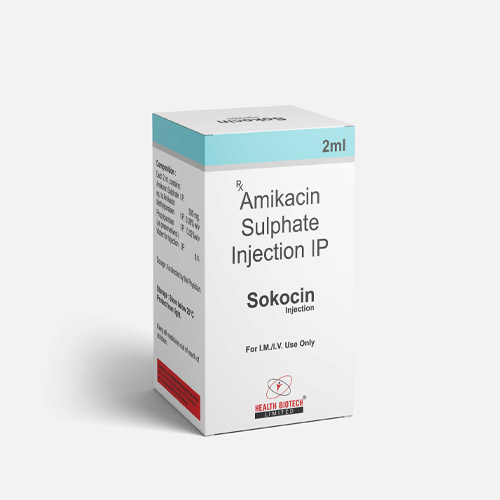 Product Name: SOKOCIN, Compositions of SOKOCIN are Amikacin Sulphate Injection IP - Health Biotech Limited