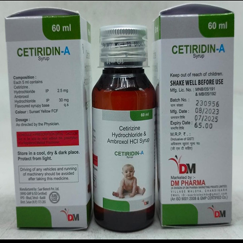 Product Name: CETIRIDIN A , Compositions of CETIRIDIN A  are Cetirizine Hydrochloride & Ambroxol HCI Syrup  - DM Pharma