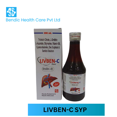 Product Name: LIVBEN C, Compositions of Tricholin citrate,L-Ornithin L-aspartate, Silmarine, vitamin B6, Cyanocobalamin, Zinc Sulphate & Sorbitol Solution are Tricholin citrate,L-Ornithin L-aspartate, Silmarine, vitamin B6, Cyanocobalamin, Zinc Sulphate & Sorbitol Solution - Bendic Healthcare Private Limited