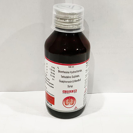 Product Name: H Cold BM, Compositions of H Cold BM are Bromhexine Hydrochloride Terbutaline Sulphate Guaiphenesin & Menthol Syrup - Arvoni Lifesciences Private Limited