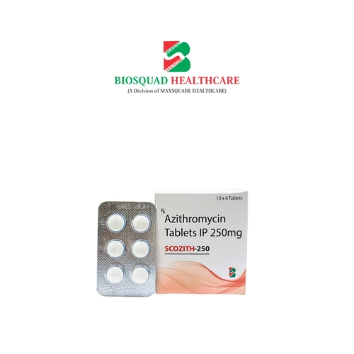 Product Name: SCOZITH 250, Compositions of SCOZITH 250 are Azithromycin Tablets IP 250mg - Biosquad Healthcare