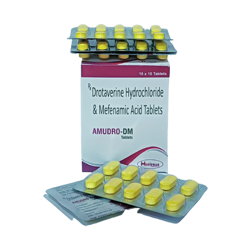 Product Name: Amudro DM, Compositions of Amudro DM are Mefenamic Acid & Drotaveriene Hcl Tablets - Mediphar Lifesciences Private Limited