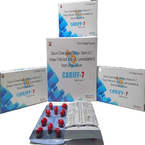 Product Name: CARIFF 7, Compositions of Calcium Citrate Malate, Calcitriol, Vitamin K2-7, Omega-3 Fatty Acid, Folic Acid, Cyanocobalamin & Boron Softgel Capsules are Calcium Citrate Malate, Calcitriol, Vitamin K2-7, Omega-3 Fatty Acid, Folic Acid, Cyanocobalamin & Boron Softgel Capsules - Cardiff Biocare