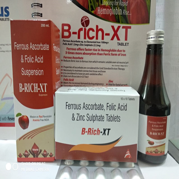 Product Name: B Rich XT, Compositions of B Rich XT are Ferrous Ascrobate, Folic Acid & Zinc Sulphate Tablets - Biovista Lifesciences