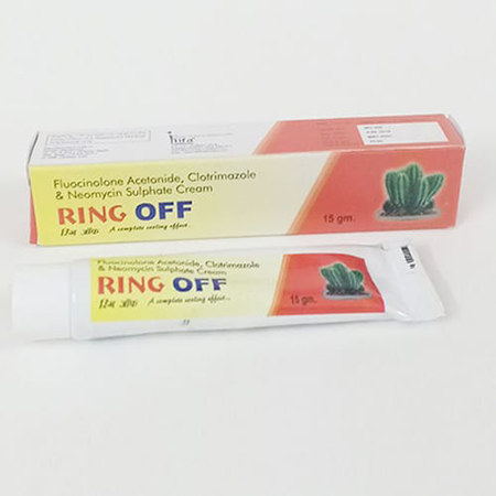 Product Name: Ring Off, Compositions of Ring Off are Fluocinolone Acetonide IP 0.025% w/w, Clotrimazole IP 1.0%w/w, Neomycin Sulphate Cream - IIFA Healthcare