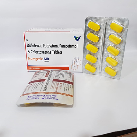 Product Name: NUMGESIC MR, Compositions of NUMGESIC MR are Diclofenac Potassium, Paracetamol & Chlorzoxazone Tablets - Vindcare Lifesciences