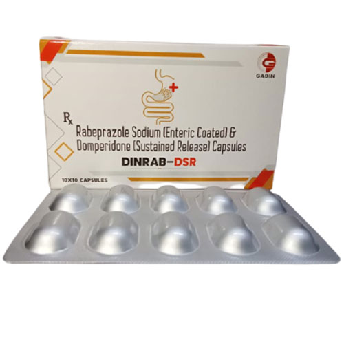 Product Name: DINRAB DSR, Compositions of RABEPRAZOLE 20 MG + DOMEPERIDONE 30 MG SR are RABEPRAZOLE 20 MG + DOMEPERIDONE 30 MG SR - Gadin Pharmaceuticals Pvt. Ltd