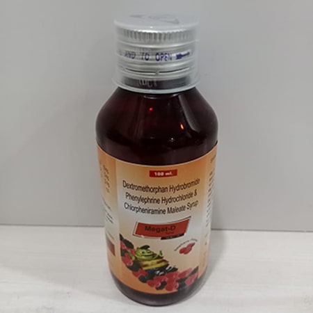 Product Name: Megat D, Compositions of Megat D are Dexdromethorphan Hydrobromide  Phenylephrine Hydrochloride & Chlorpheniramine  Maleate Syrup - Soinsvie Pharmacia Pvt. Ltd