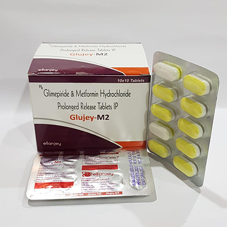 Product Name: Glujey M2, Compositions of Glujey M2 are Glimepiride & Metformin Hydrochloride  Prolonged Release Tablets IP - Ellanjey Lifesciences