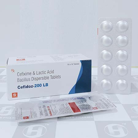 Product Name: Cefidoz 200 LB, Compositions of Cefidoz 200 LB are Cefixime & Lactic Acid & Bacillus Dispersible Tablets - Hower Pharma Private Limited