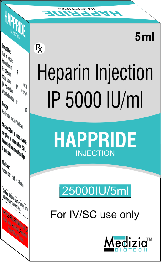 Product Name: HAPPRIDE, Compositions of Heparin Injection IP 5000 IU/ml are Heparin Injection IP 5000 IU/ml - Medizia Biotech