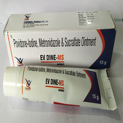 Product Name: EV DINE MS , Compositions of EV DINE MS  are Povidone-lodine, Metronidazole & Sucralfate Ointment  - Everwell Pharma Private Limited