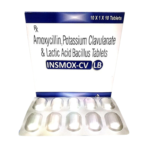 Product Name: INSMOX CV LB, Compositions of INSMOX CV LB are Amoxycillin and Potassium Clavulanate & Lactic Acid Bacillus Tablets - Insta Care Lifesciences