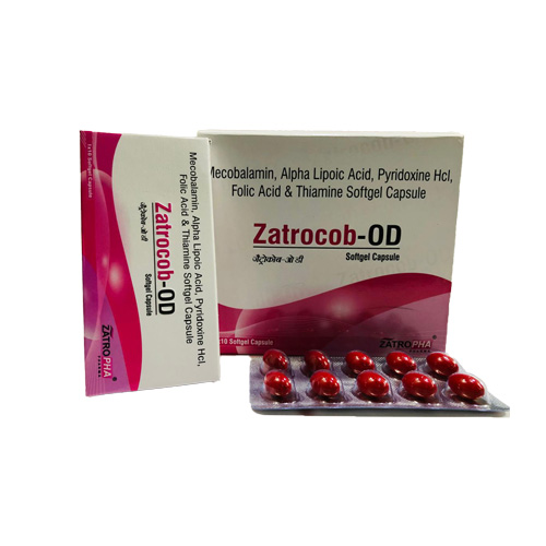 Product Name: Zatrocob OD, Compositions of Zatrocob OD are Mecobalamin, Alpha Lipoic Acid, Pyridoxine Hcl, Folic Acid & Thiamine Softgel Capsule - Zatropha Pharma