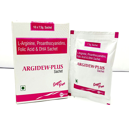 Product Name: Argidew Plus, Compositions of Argidew Plus are L-Arginine, Proanthocynidins, Folic Acid & DHA Sachet - Hablar Healthcare