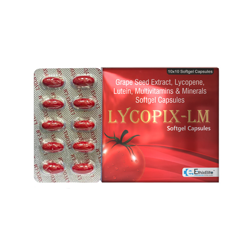 Product Name: LYCOPIX LM, Compositions of LYCOPIX LM are Grape Seed Extract, Lycopene, Lutein Multivitamins & Minerals Softgel Capsules  - EthixElite Lifesciences Private Limited