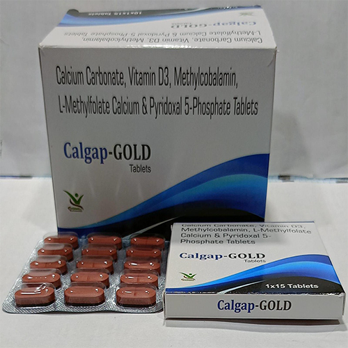 Product Name: Calgap GOLD , Compositions of Calgap GOLD  are Calcium Carbonate, Vitamin D3, Methylcobalamin, L-Methylfolate Calcium & Pyridoxal 5-Phosphate Tablets  - Orange Biotech Private Limited