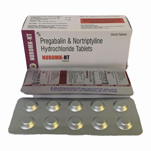 Product Name: NUROMK NT Tablets, Compositions of NUROMK NT Tablets are Pregabalin & Nortriptyline Hydrochloride Tablets - MK Healthcare