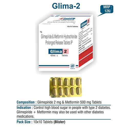 Product Name: Glima 2, Compositions of Glima 2 are Glimepiride & Metformin Hydrochloride Prolonged Release Tablets IP - Euphoria India Pharmaceuticals