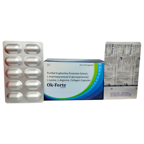 Product Name: OK FORTE, Compositions of OK FORTE are Purifed Euphorbia Prostrata Extract, L-Mannopyranosyl, L-Lysine, L-Arginine, Collagen Capsules - Access Life Science