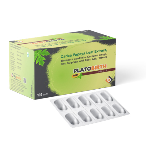 Product Name: PLATOBIRTH, Compositions of PLATOBIRTH are Carica Papaya Leaf Extract, Tinospora Cardifolia, Curcuma Longa, Zinc Sulphate and Folic Acid Tablets - Biopolis Lifesciences Private Limited