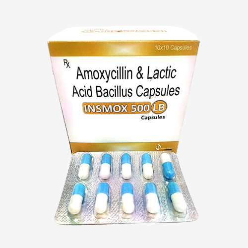 Product Name: INSMOX 500 LB, Compositions of INSMOX 500 LB are Amoxycillin & Lactic Acid Bacilus Capsules  - Insta Care Lifesciences