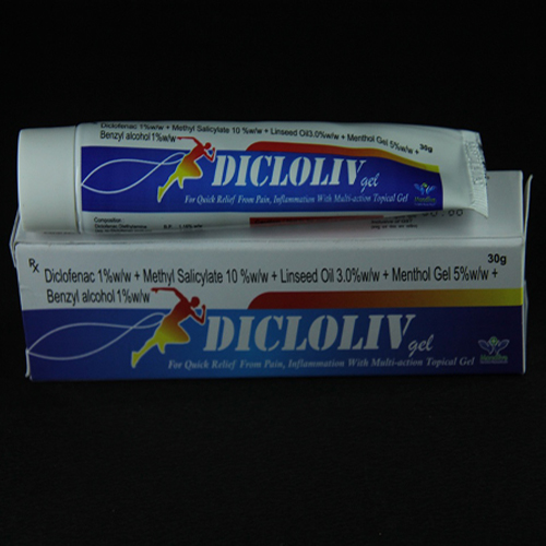 Product Name: Dicloliv, Compositions of Diclofenac 1%w/w + Methyl Salicylate 10%w/w + Linseed Oil 3.0%w/w + Menthol Gel 5%w/w + Benzyl alcohol 1%w/w are Diclofenac 1%w/w + Methyl Salicylate 10%w/w + Linseed Oil 3.0%w/w + Menthol Gel 5%w/w + Benzyl alcohol 1%w/w - Mandlive Healthcare Pvt Ltd