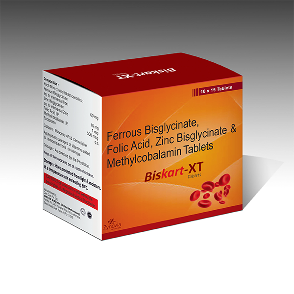 Product Name: Biskart XT, Compositions of Biskart XT are Ferrous Bisglycinate Folic Acid Zinc Bisglycinate & Methylcobalamin Tablets - Zynovia Lifecare