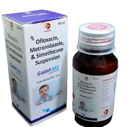 Product Name: GADOF MZ, Compositions of GADOF MZ are OFLOXACIN 50 MG + METRODINAZOLE 120 MG + SIMETHICONE 10 MG - Gadin Pharmaceuticals Pvt. Ltd