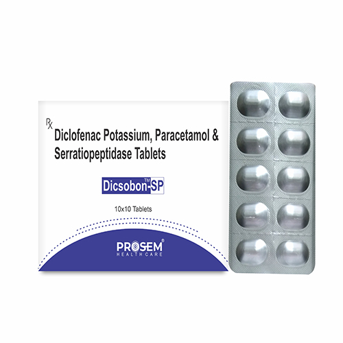 Product Name: Dicsobon SP, Compositions of Dicsobon SP are Diclofenac Potassium,Paracetamol & serratiopeptidase Tablets - Prosem Healthcare