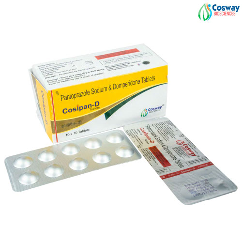 Product Name: COSIPAN D, Compositions of COSIPAN D are PANTOPRAZOLE 40 MG + DOMPERIDONE 10 MG                                     - Cosway Biosciences