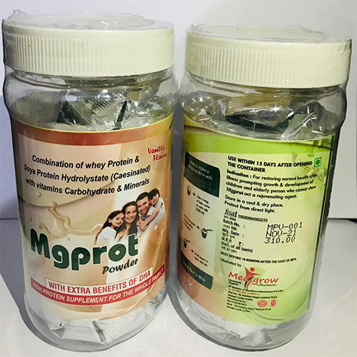 Product Name: Mgprot, Compositions of Mgprot are whey Protine,Protine Hydrolystate,Vit and Carbohydrate and Minerals vanila flavour - MediGrow Lifesciences