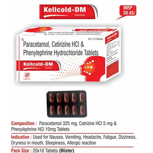 Product Name: Kelcold DM, Compositions of Kelcold DM are Paracetamol, Cetrizine HCL & Phenylphrine Hydrochloride Tablets - Euphoria India Pharmaceuticals