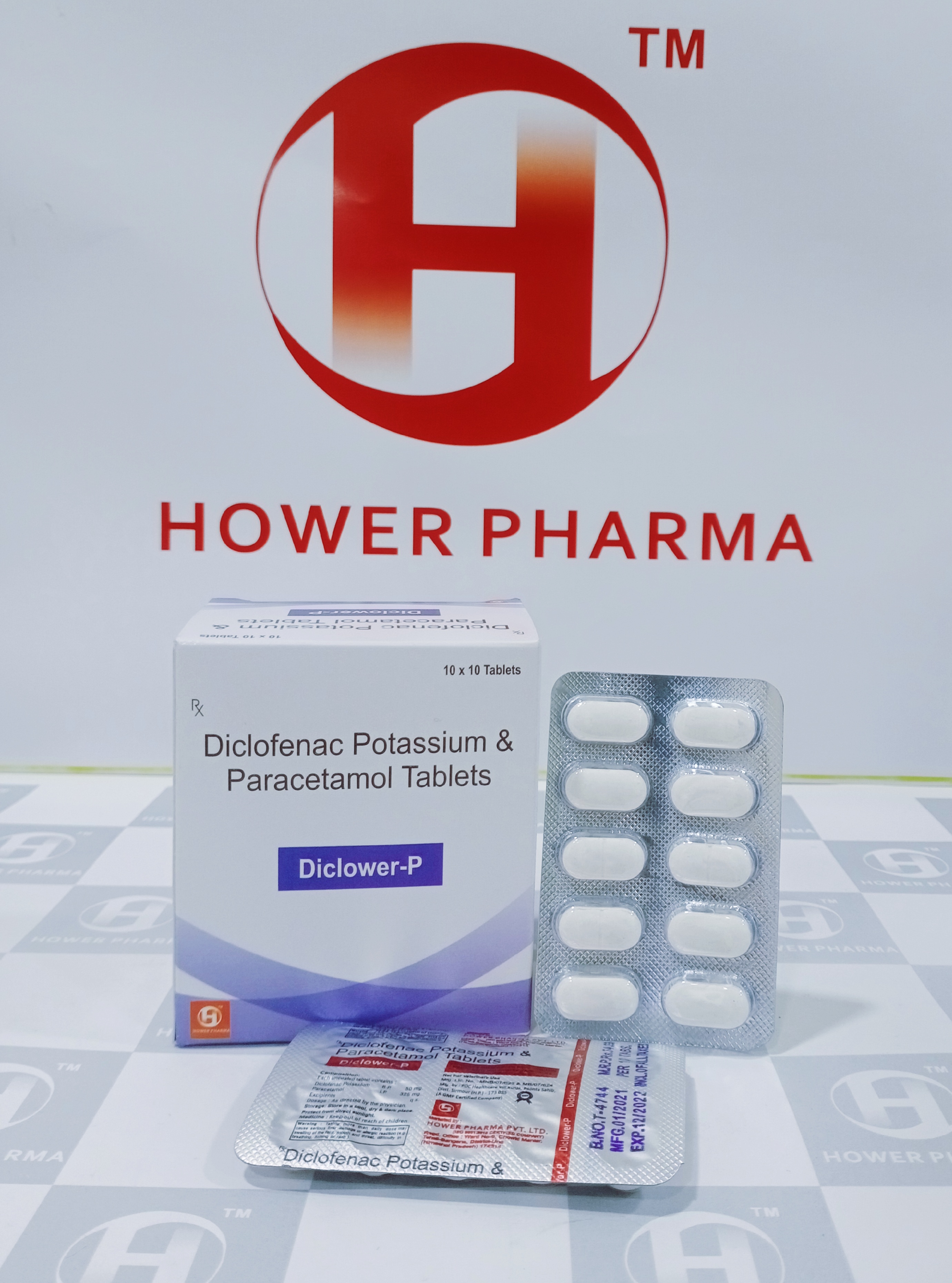 Product Name: Diclofenac Potassium + Paracetamol, Compositions of Diclofenac Potassium 50mg + Paracetamol 325mg Tablet are Diclofenac Potassium 50mg + Paracetamol 325mg Tablet - Hower Pharma Private Limited