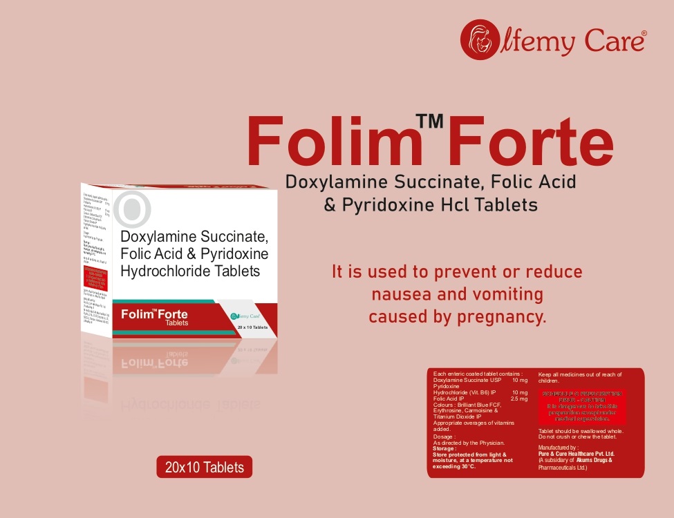 Product Name: Folim Forte, Compositions of Doxylamine Succinate ,Folic Acid and Pyridoxine Hcl Tablets are Doxylamine Succinate ,Folic Acid and Pyridoxine Hcl Tablets - Olfemy Care