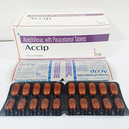 Product Name: ACCIP Tablets, Compositions of Aceclofenac IP 100mg, Paracetamol IP 325mg are Aceclofenac IP 100mg, Paracetamol IP 325mg - IIFA Healthcare