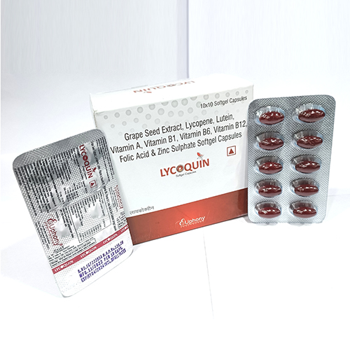 Product Name: Lycoquin, Compositions of Lycoquin are Grape Seed Extract, Lycopene,  Lutein, Vitamin A, Vitamin B1, Vitamin B6, Vitamin B12, Folic Acid and  Zinc Sulphate Softgel Capsules - Euphony Healthcare