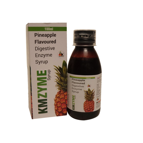 Product Name: KMZYME Syrup, Compositions of KMZYME Syrup are Pineapple Flavoured Digestive Enzyme Syrup - MK Healthcare