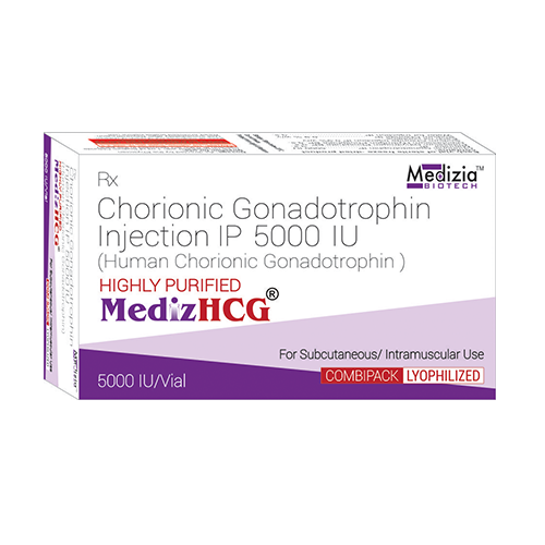 Product Name: Mediz HCG, Compositions of Mediz HCG are CHorionic Gonadotrophin Injection IP 5000 IU - Medizia Biotech