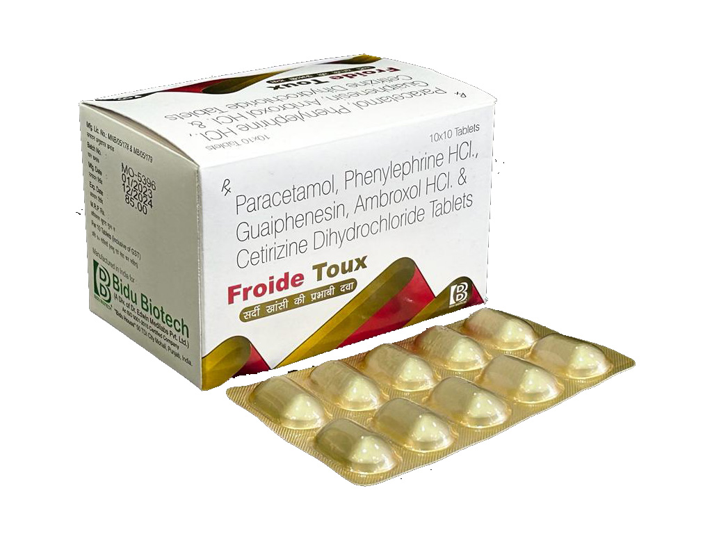 Product Name: Froide Toux, Compositions of Paracetamol, Phenylephrine HCl., Guaiphenesin, Ambroxol HCl. & Cetirizine Dihydrochloride Tablets are Paracetamol, Phenylephrine HCl., Guaiphenesin, Ambroxol HCl. & Cetirizine Dihydrochloride Tablets - Bidu Biotech