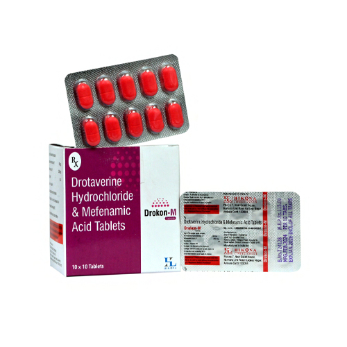 Product Name: Drokon M, Compositions of Drokon M are Drotaverine Hydrochloride & Mefenamic Acid Tablets - Hikona Lifesciences