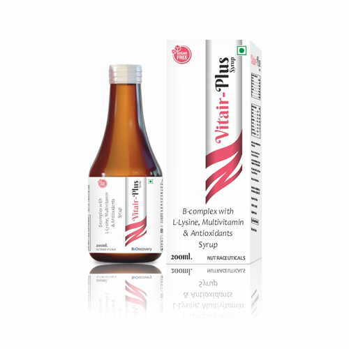 Product Name: Vitair Plus, Compositions of Vitair Plus are B-complex with L-Lysine, Multivitamin & Antioxidants Syrup - Biodiscovery Lifesciences Private Limited