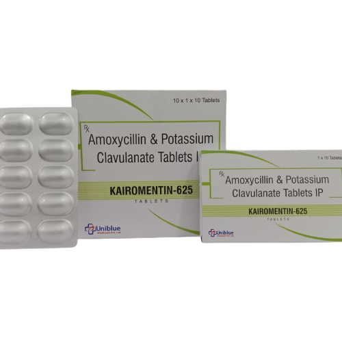 Product Name: KAIROMENTIN 625, Compositions of KAIROMENTIN 625 are Amoxycillin & Potassium Clavulanate Tablets  - Uniblue Healthcare Private Limited