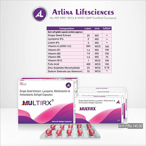 Product Name: Multirx, Compositions of Grape Seed Extract,Lycopene,Multivitamins & Antioxidants Softgel Capsules are Grape Seed Extract,Lycopene,Multivitamins & Antioxidants Softgel Capsules - Atlina LifeSciences Private Limited