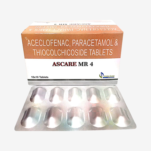 Product Name: ASCARE MR 4, Compositions of ASCARE MR 4 are Aceclofenac, Paracetamol & Thiocolchicoside Tablets - Insta Care Lifesciences