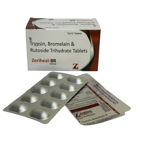 Product Name: Zeriheal BR, Compositions of Zeriheal BR are Trypsin, Bromelain & Rutoside Trihydrate Tablets - Zerdia Healthcare Private Limited