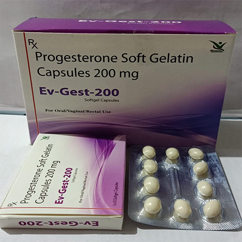 Product Name: Ev Gest 200 , Compositions of Ev Gest 200  are Progesterone Soft Gelatin Capsules 200 mg  Ev-Gest-200  - Orange Biotech Private Limited