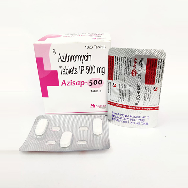 Product Name: Azisap 500, Compositions of Azisap 500 are Azithromycin Tablets Ip 500mg - Sapson Pharma