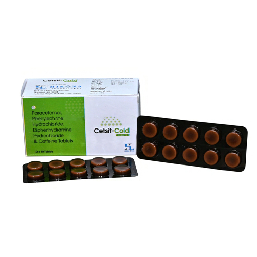 Product Name: Cetsit Cold, Compositions of Cetsit Cold are Paracetamol, Phenylephrine Hydrochlonde, Diphenhydramine Hydrochloride & Catfeine Tables - Hikona Lifesciences